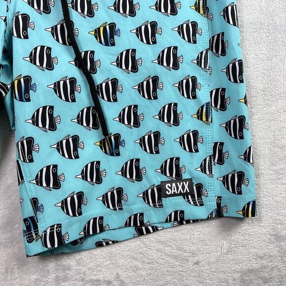 SAXX Betawave 2N1 Board Shorts Men 32" Blue Fish Pattern Drawstring Swim NWOT - Picture 6 of 16